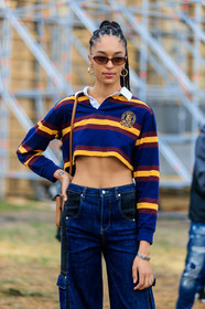 model, scale sunglasses, butterfly sunglasses, hoop earrings, golden earrings, ralph lauren polo shirt, cropped top, striped top, striped polo shirt, yellow polo shirt, blue polo shirt, burgundy polo shirt, denim, patchwork denim, patchwork jeans, black jeans, dark blue jeans, fashion week, frenchystyle, FW, jonathan paciullo, street style, SPRING SUMMER 2020, SS 20, PFW, PARIS, vertical, atmosphere details, detail