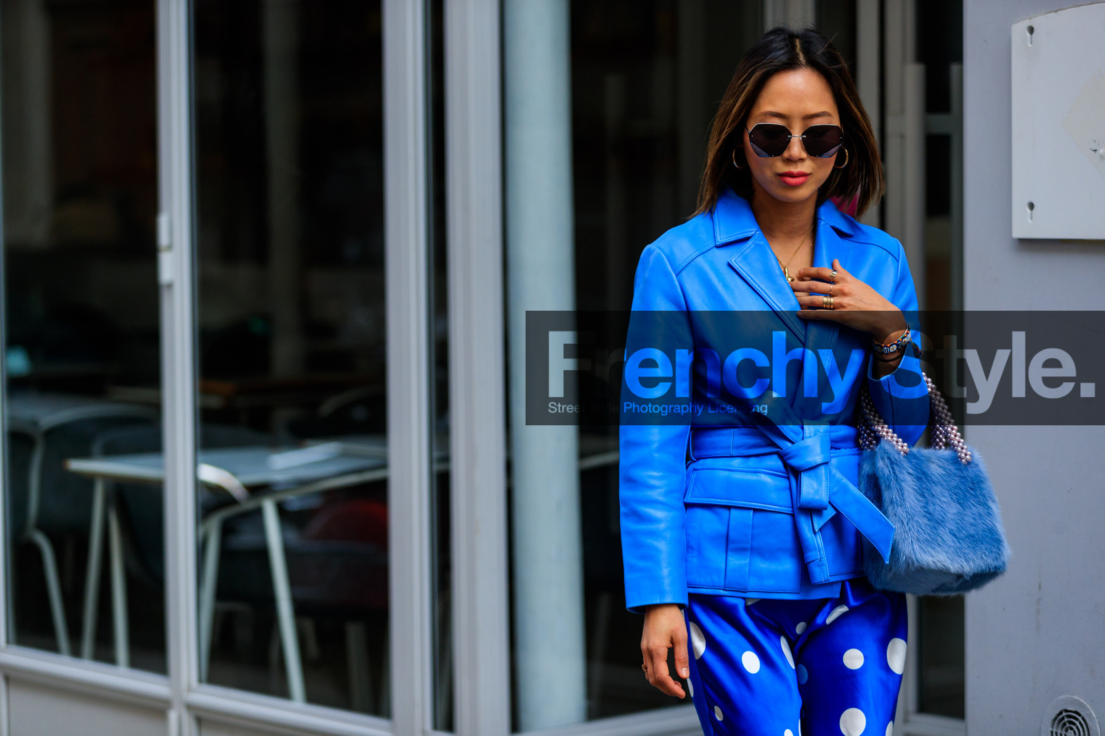 blue bag, blue jacket, blue skirt, fur bag, graphic skirt, polka dot, printed skirt, sunglasses, street style, jonathan paciullo, FW, frenchystyle, fashion week, PFW, PARIS, AUTUMN WINTER 2018-2019, FALL WINTER 2018-2019, FW 18-19, horizontal, atmosphere details, aimee song
