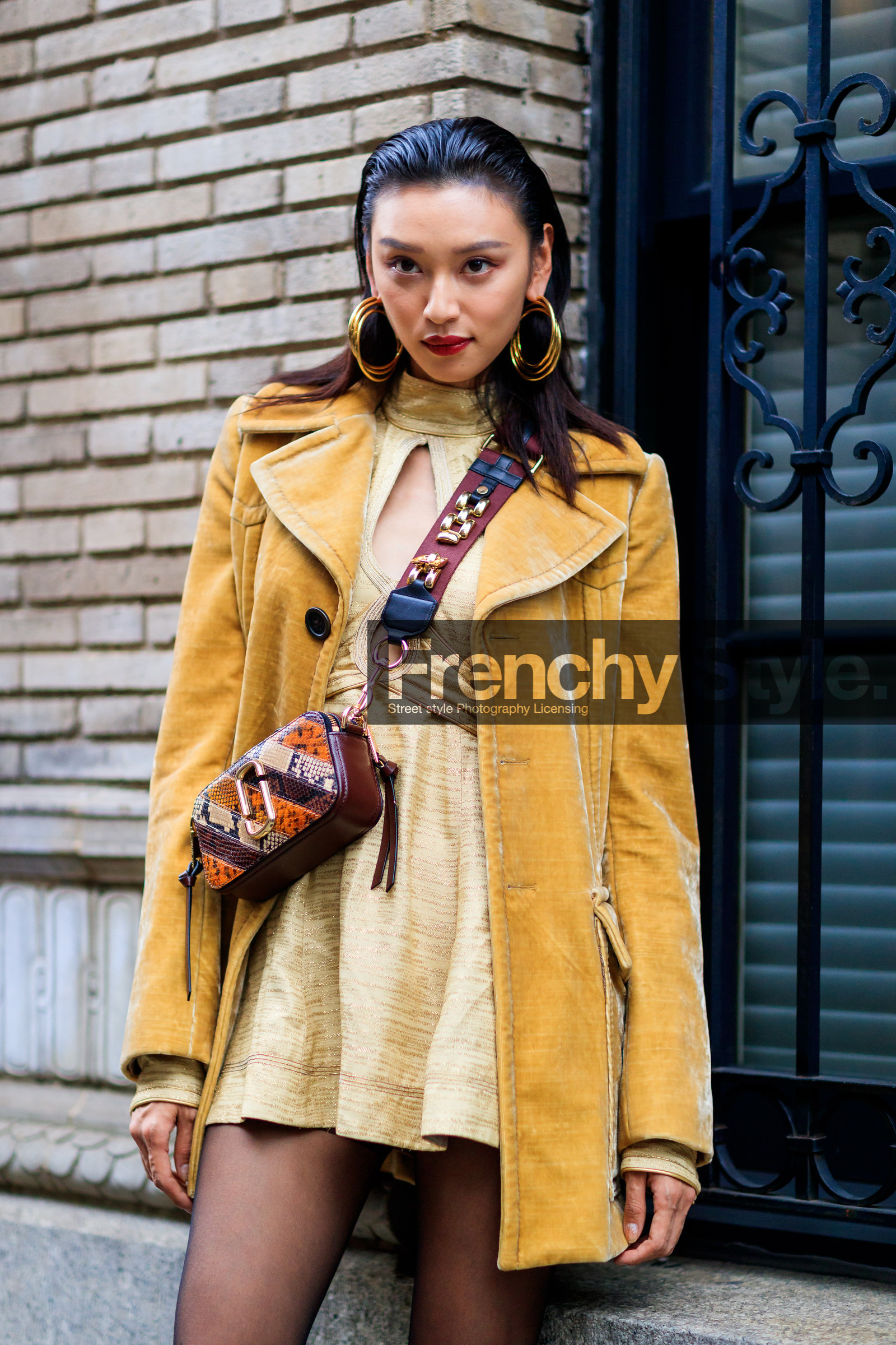 atmosphere details, beige dress, brown bag, camel jacket, detail, earrings, embroidered bag, fashion week, frenchystyle, FW, graphic bag, jonathan paciullo, leather bag, NEW YORK, NYFW, printed bag, pulled back hair, SPRING SUMMER 2018, SS 18, street style, striped bag, velvet, vertical, wet hair