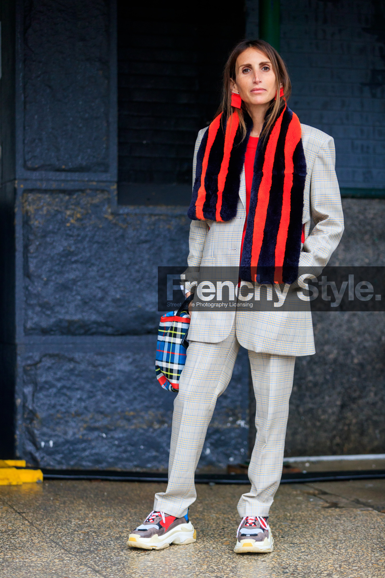 balenciaga, blue bag, checked bag, earrings, fur scarf, graphic bag, leather bag, leather shoes, multicolor bag, printed bag, red scarf, striped scarf, tartan, trousers, white coat, white pants, white sneakers, street style, jonathan paciullo, FW, frenchystyle, fashion week, NYFW, NEW YORK, AUTUMN WINTER 2018-2019, AW 18-19, FALL WINTER 2018-2019, FW 18-19, vertical, full length, chloe loulou de saison