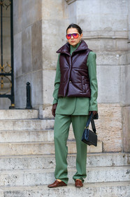 doina ciobanu, green jacket, green pants, green suits, brown leather jacket, burgundy leather jacket, sleeveless jacket, sleeveless down jacket, carrera sunglasses, red sunglasses, big sunglasses, aviator sunglasses, brown leather gloves, brown leather loafers, brown leather shoes, black leather bag, stella mccartney bag, animal skin shoes, golden earrings, diamond earrings, dangling earrings, PARIS, PFW, SPRING SUMMER 2020, SS 20, fashion week, frenchystyle, FW, jonathan paciullo, street style, vertical, full length