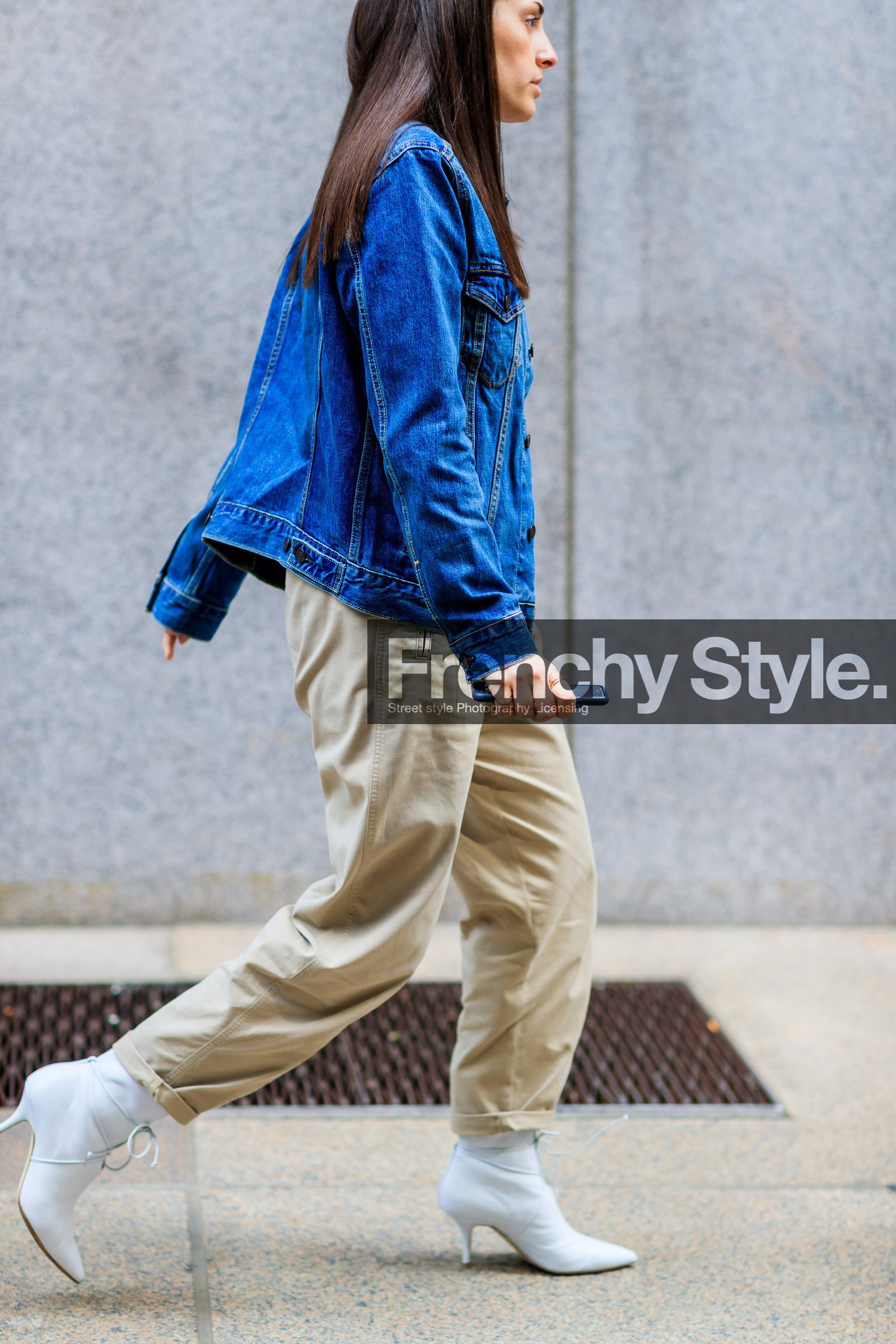 atmosphere details, beige pants, blue denim, denim jacket, detail, fashion week, frenchystyle, FW, high heels, jonathan paciullo, leather shoes, NEW YORK, NYFW, SPRING SUMMER 2018, SS 18, street style, trousers, vertical, white boots