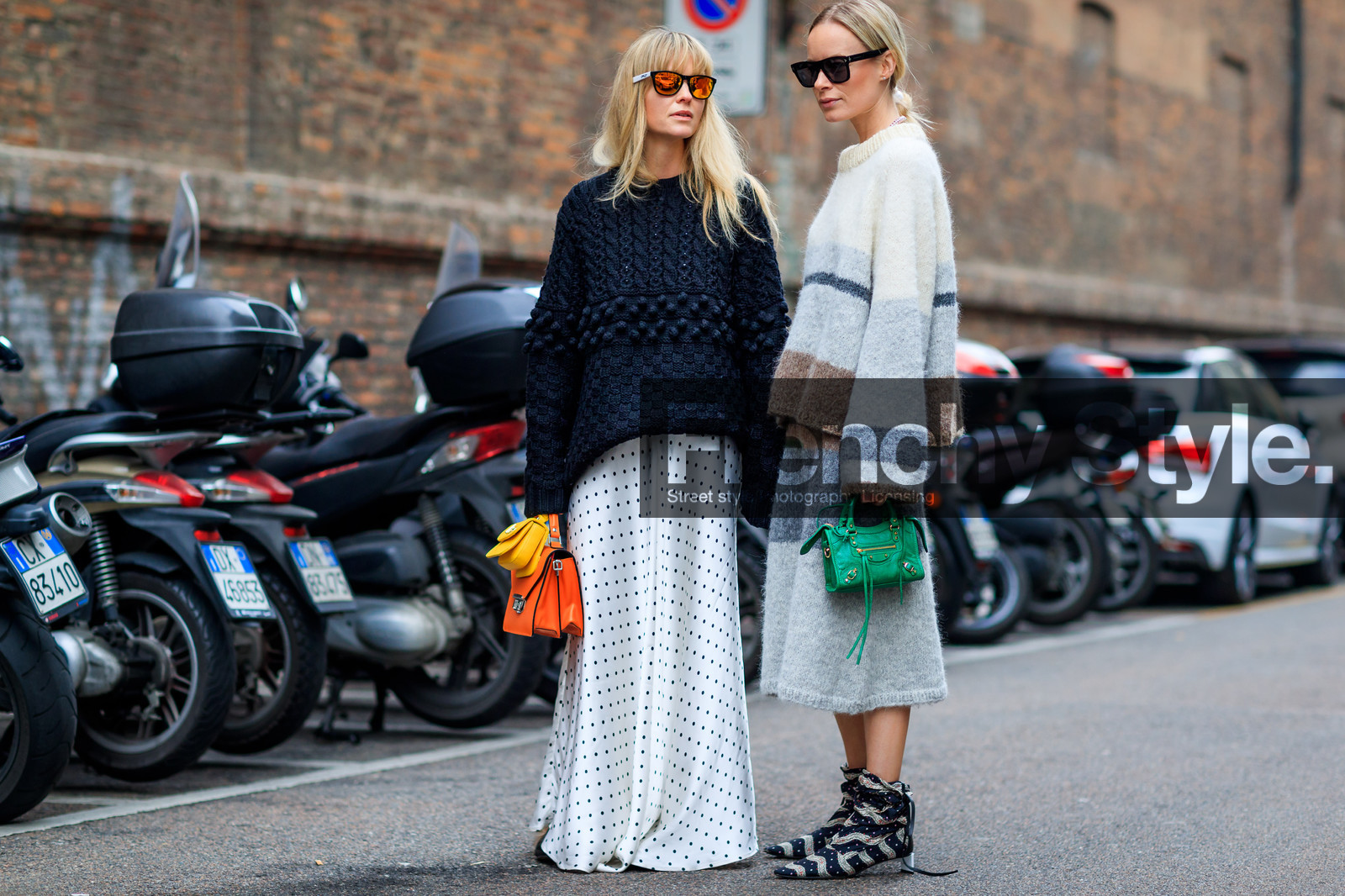 atmosphere details, AUTUMN WINTER 2017-2018, AW 17-18, balenciaga, beige skirt, beige sweater, black knit, black sweater, FALL WINTER 2017-2018, fashion week, frenchystyle, full length, FW, FW 17-18, graphic shoes, graphic skirt, green bag, grey skirt, grey sweater, horizontal, jeanette madsen, jonathan paciullo, leather bag, leather shoes, long skirt, MFW, MILAN, mini bag, orange bag, polka dot, printed shoes, printed skirt, printed sweater, street style, striped sweater, sunglasses, white skirt, white sweater, wool skirt, wool sweater, yellow bag
