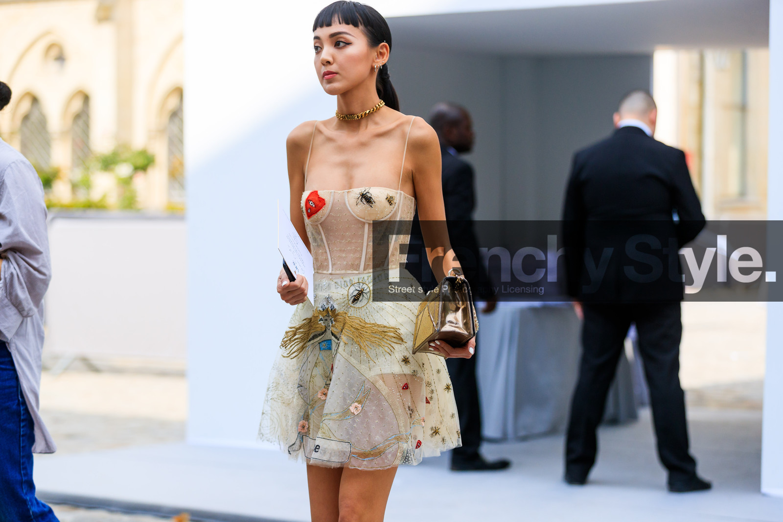 atmosphere details, choker, christian dior, detail, drawings, embroidered dress, embroideries, fashion week, floral, flowers, frenchystyle, FW, gold bag, horizontal, jonathan paciullo, leather bag, necklace, nude dress, PARIS, PFW, see through, shiny bag, SPRING SUMMER 2018, SS 18, street style