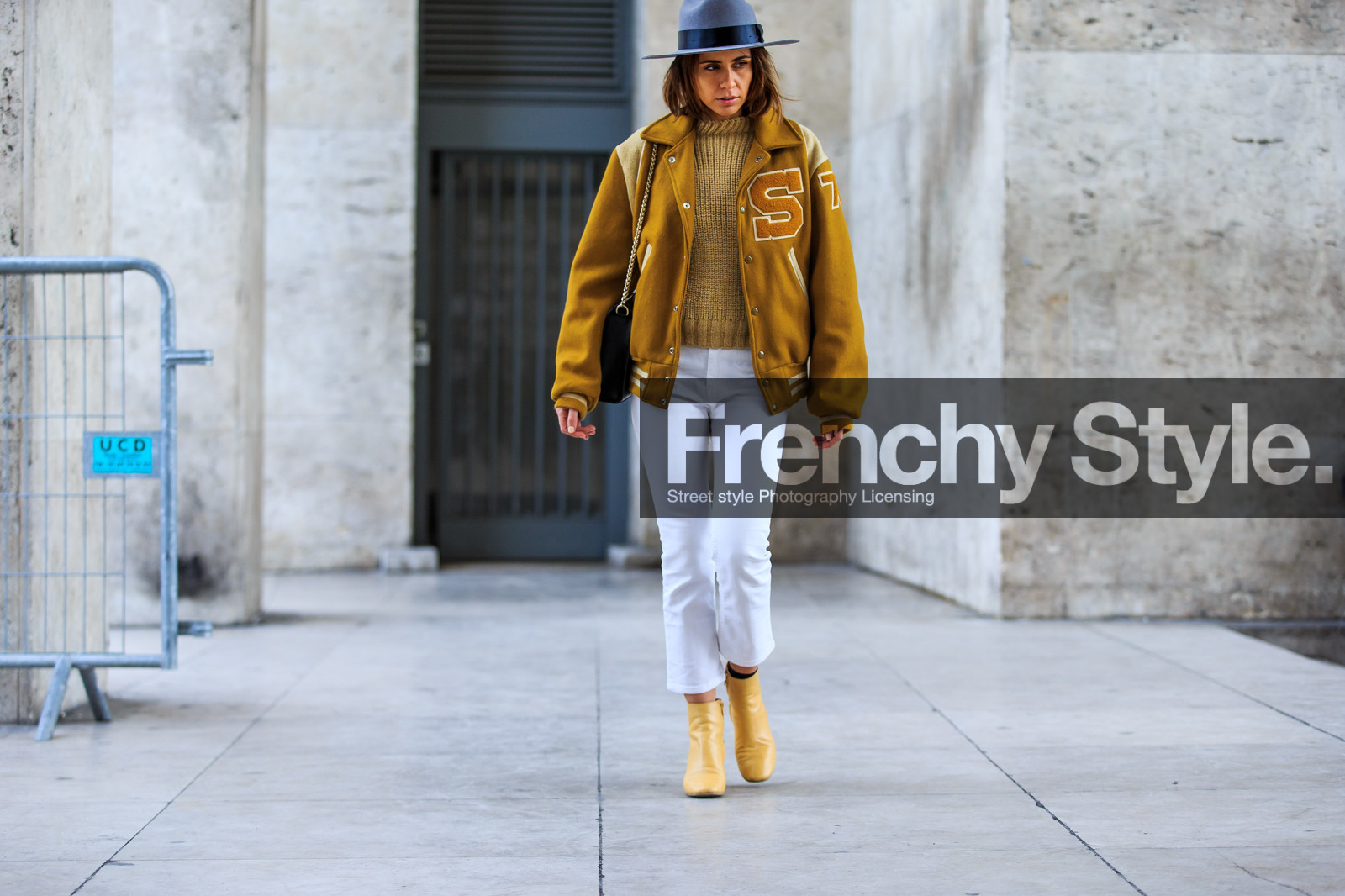 american, atmosphere details, AUTUMN WINTER 2016-2017, AW 16-17, baseball, beige sweater, denim pants, FALL WINTER 2016-2017, fashion week, fedora, frenchystyle, full length, FW, FW 16-17, grey hat, horizontal, jeans, jonathan paciullo, leather boots, PARIS, PFW, street style, teddy jacket, trousers, white denim, yellow boots, yellow jacket