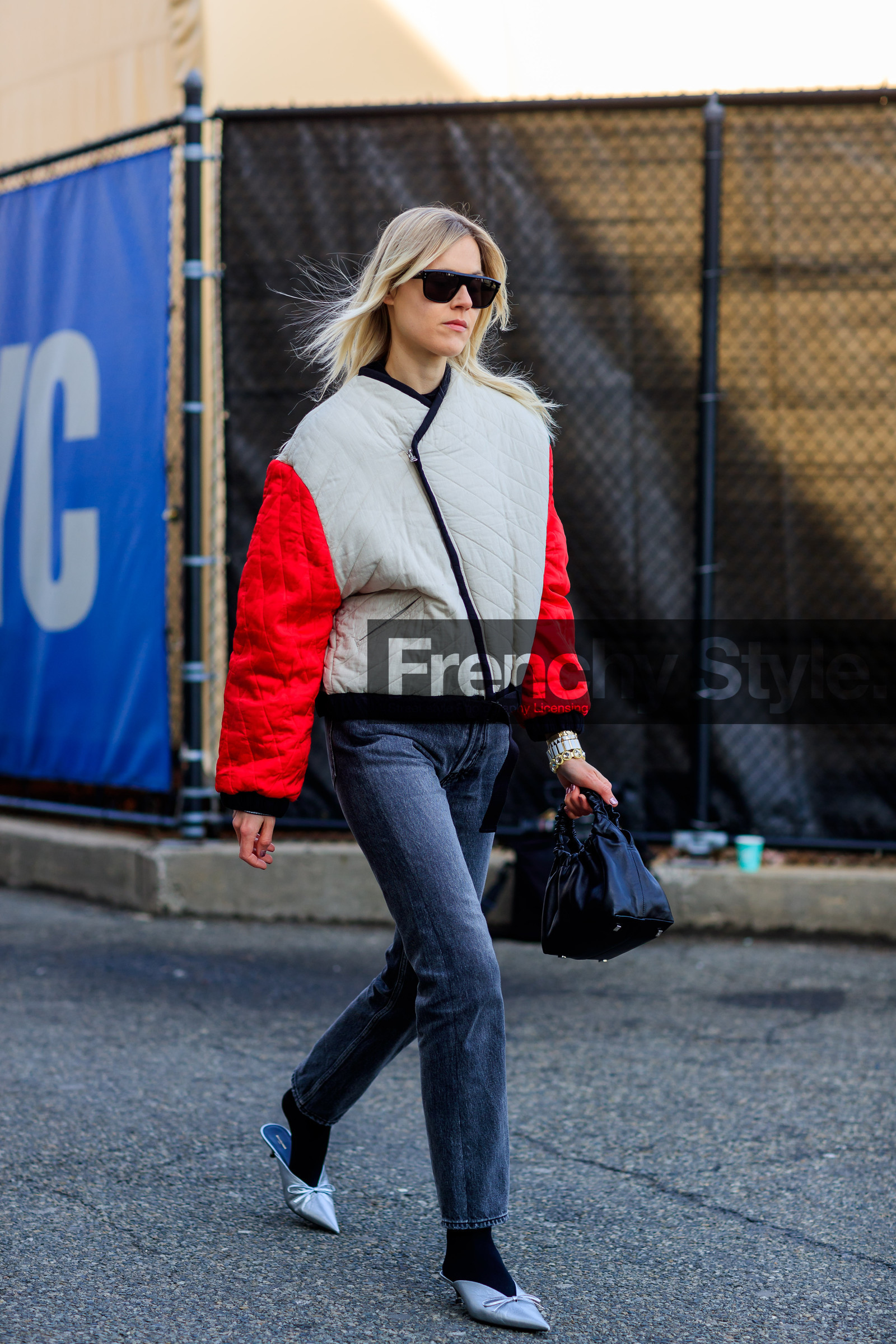 balenciaga, black bag, black denim, denim pants, graphic jacket, jeans, leather bag, leather shoes, printed jacket, red, silver shoes, sunglasses, trousers, white, white jacket, street style, jonathan paciullo, FW, frenchystyle, fashion week, NYFW, NEW YORK, AUTUMN WINTER 2018-2019, AW 18-19, FALL WINTER 2018-2019, FW 18-19, vertical, full length, linda tol