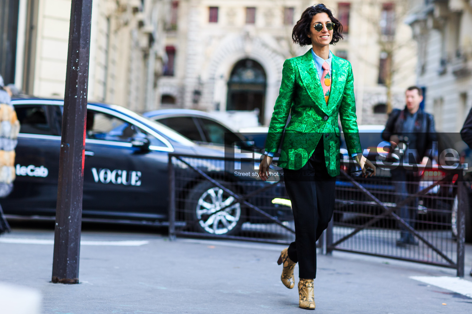 animal print, atmosphere details, AUTUMN WINTER 2016-2017, AW 16-17, black pants, blue shirt, FALL WINTER 2016-2017, fashion week, frenchystyle, full length, FW, FW 16-17, glitter, green jacket, high heels, horizontal, jonathan paciullo, leather boots, metallic jacket, PARIS, PFW, shiny, snake print, street style, sunglasses, tie, trousers, yasmine sewell