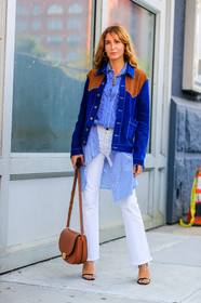 black shoes, blue denim, blue shirt, brown bag, céline, denim jacket, denim pants, ece sukan, fashion week, frenchystyle, full length, FW, high heels, jeans, jonathan paciullo, leather bag, leather shoes, NEW YORK, NYFW, printed jacket, printed shirt, SPRING SUMMER 2018, SS 18, street style, striped shirt, trousers, vertical, white denim