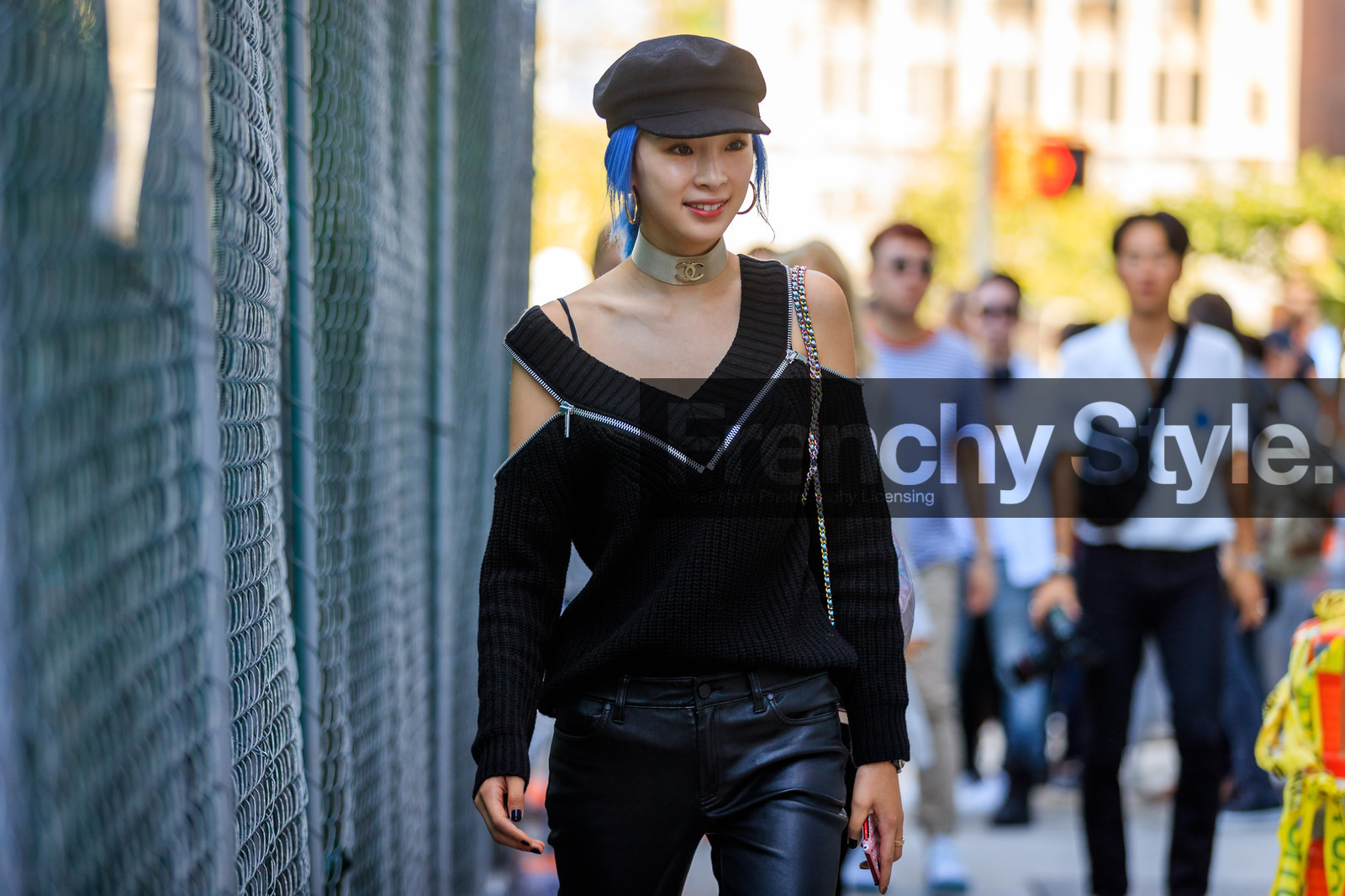 atmosphere details, black cap, black pants, black sweater, blue hair, chanel, detail, dyed hair, fashion week, frenchystyle, FW, horizontal, irene kim, jonathan paciullo, leather pants, NEW YORK, NYFW, SPRING SUMMER 2018, SS 18, street style, trousers