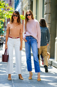 beige top, blue denim, bordeaux, burgundy, denim pants, fashion week, frenchystyle, full length, FW, high heels, jeanne damas, jeans, jonathan paciullo, leather bag, leather shoes, mansur gabriel, NEW YORK, nude shoes, NYFW, pink sweater, red bag, red belt, SPRING SUMMER 2018, SS 18, street style, sunglasses, trousers, vertical, white denim