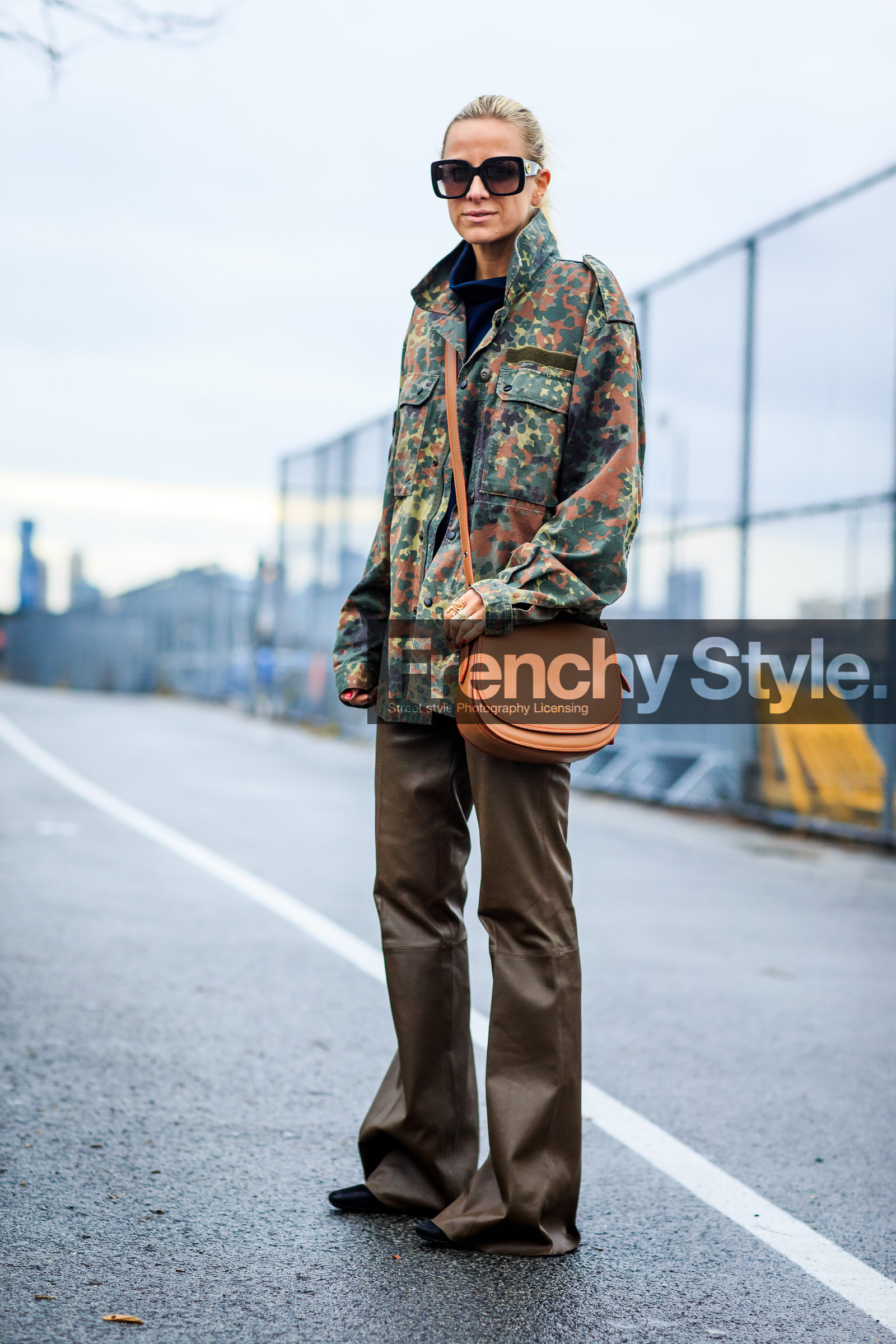 AUTUMN WINTER 2016-2017, AW 16-17, black turtleneck, camel bag, camo jacket, camouflage, celine aagaard, fashion week, frenchystyle, full length, FW, FW 16-17, green pants, jonathan paciullo, kaki jacket, kaki pants, leather bag, leather pants, military, military jacket, NEW YORK, NYFW, printed jacket, street style, sunglasses, trousers, vertical, woman