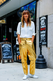 black and white bag, caroline de maigret, chanel, fashion week, frenchystyle, full length, FW, golden pants, jonathan paciullo, leather bag, NEW YORK, NYFW, shiny pants, SPRING SUMMER 2018, SS 18, street style, trousers, vertical, white shirt, white sneakers