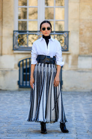 black and white, black bag, black belt, black shoes, black turtleneck, christian dior, graphic skirt, iphone, leather bag, leather belt, leather shoes, printed skirt, striped skirt, sunglasses, white shirt, white skirt, yoyo cao, fashion week, frenchystyle, FW, jonathan paciullo, street style, PFW, PARIS, AUTUMN WINTER 2019-2020, AW 19-20, FALL WINTER 2019-2020, FW 19-20, vertical, full length