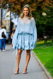 blue dress, chloe, fashion week, frenchystyle, full length, FW, helena bordon, jonathan paciullo, leather shoes, nude shoes, PARIS, PFW, ruffle, silk dress, SPRING SUMMER 2017, SS 17, street style, suede shoes, vertical