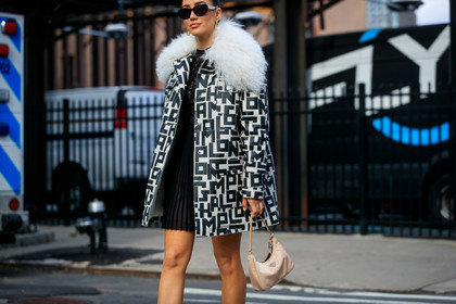 tamara kalinic, longchamps coat, white coat, black coat, fur coat, logo printed coat, monogrammed coat, longchamps dress, pleated dress, black dress, lace dress, monogrammed dress, prada bag, light beige bag, hand bag, black sunglasses, strassed sunglasses, golden earrings, dangling earrings, mini dress, fashion week, frenchystyle, FW, jonathan paciullo, street style, FALL WINTER 2020-2021, AUTUMN WINTER 2020-2021, FW 20-21, horizontal, atmosphere details, detail, NYFW, NEW YORK