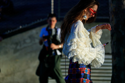 blue pants, checked, earrings, estelle pigault, graphic pants, plaid, printed pants, red pants, ruffles, sunglasses, trousers, white blouse, PARIS, PFW, street style, jonathan paciullo, FW, frenchystyle, fashion week, AUTUMN WINTER 2019-2020, AW 19-20, FALL WINTER 2019-2020, FW 19-20, horizontal, atmosphere details, detail