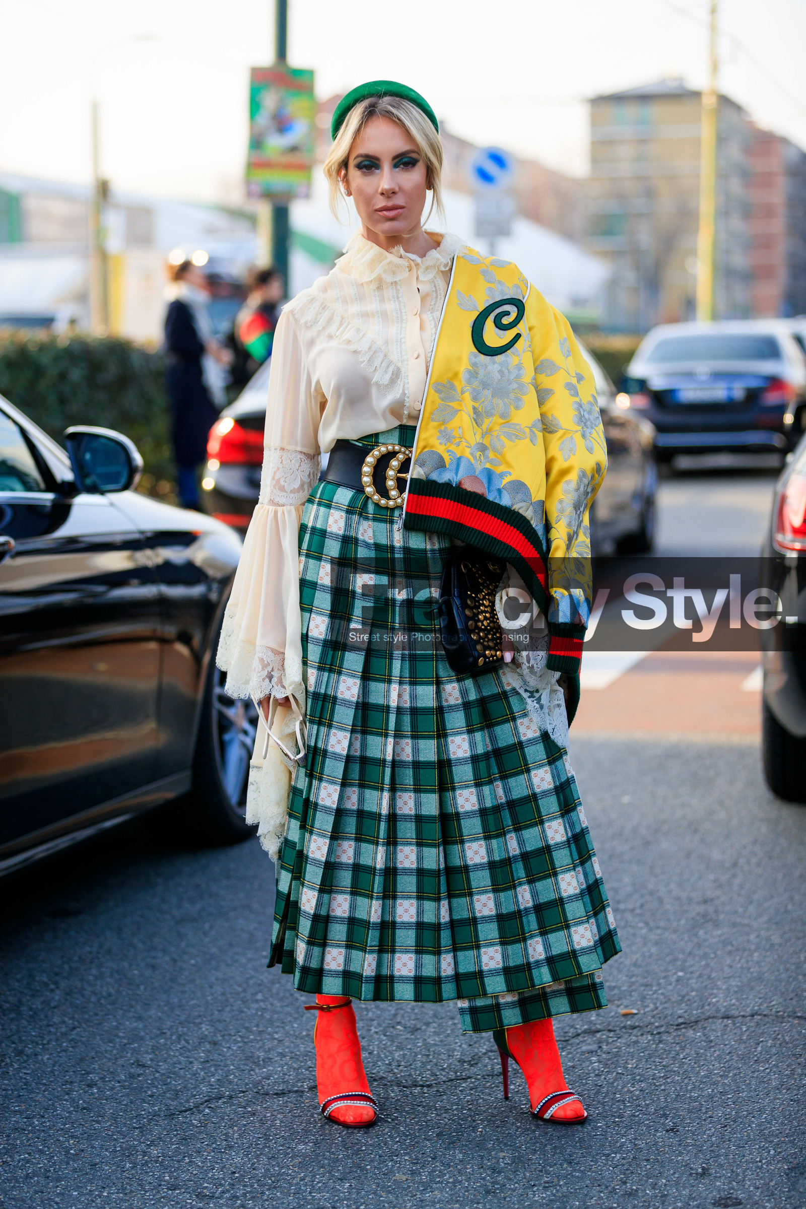 beige shirt, black bag, black belt, bomber jacket, checked, embroideries, golden details, graphic bag, graphic jacket, graphic skirt, green skirt, gucci, headband, high heels, leather bag, leather belt, leather shoes, over the shoulder, pearls, plaid, pleated skirt, printed bag, printed jacket, printed skirt, red shoes, studs, tartan, white blouse, yellow jacket, fashion week, frenchystyle, FW, jonathan paciullo, street style, MFW, MILAN, AUTUMN WINTER 2019-2020, AW 19-20, FALL WINTER 2019-2020, FW 19-20, vertical, full length