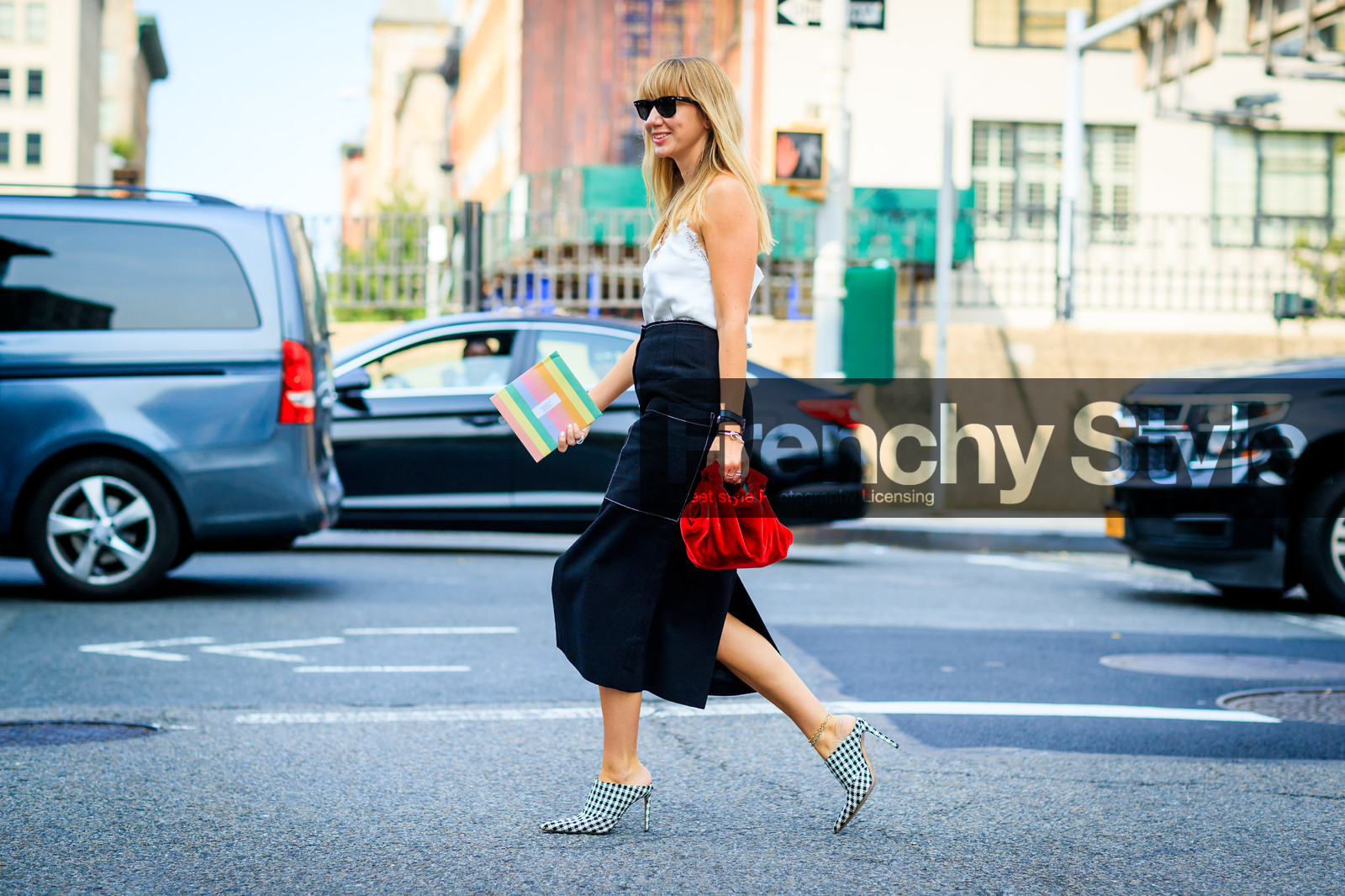 atmosphere details, black skirt, fashion week, frenchystyle, full length, FW, gingham, graphic shoes, high heels, horizontal, jonathan paciullo, leather bag, leather shoes, lisa aiken, necklace, NEW YORK, NYFW, printed shoes, red bag, SPRING SUMMER 2018, SS 18, street style, sunglasses, velvet, white tank top
