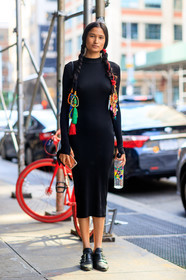 black dress, black shoes, braids, embroideries, fashion week, frenchystyle, full length, FW, jonathan paciullo, leather shoes, model, NEW YORK, NYFW, SPRING SUMMER 2018, SS 18, street style, varsha thapa, vertical