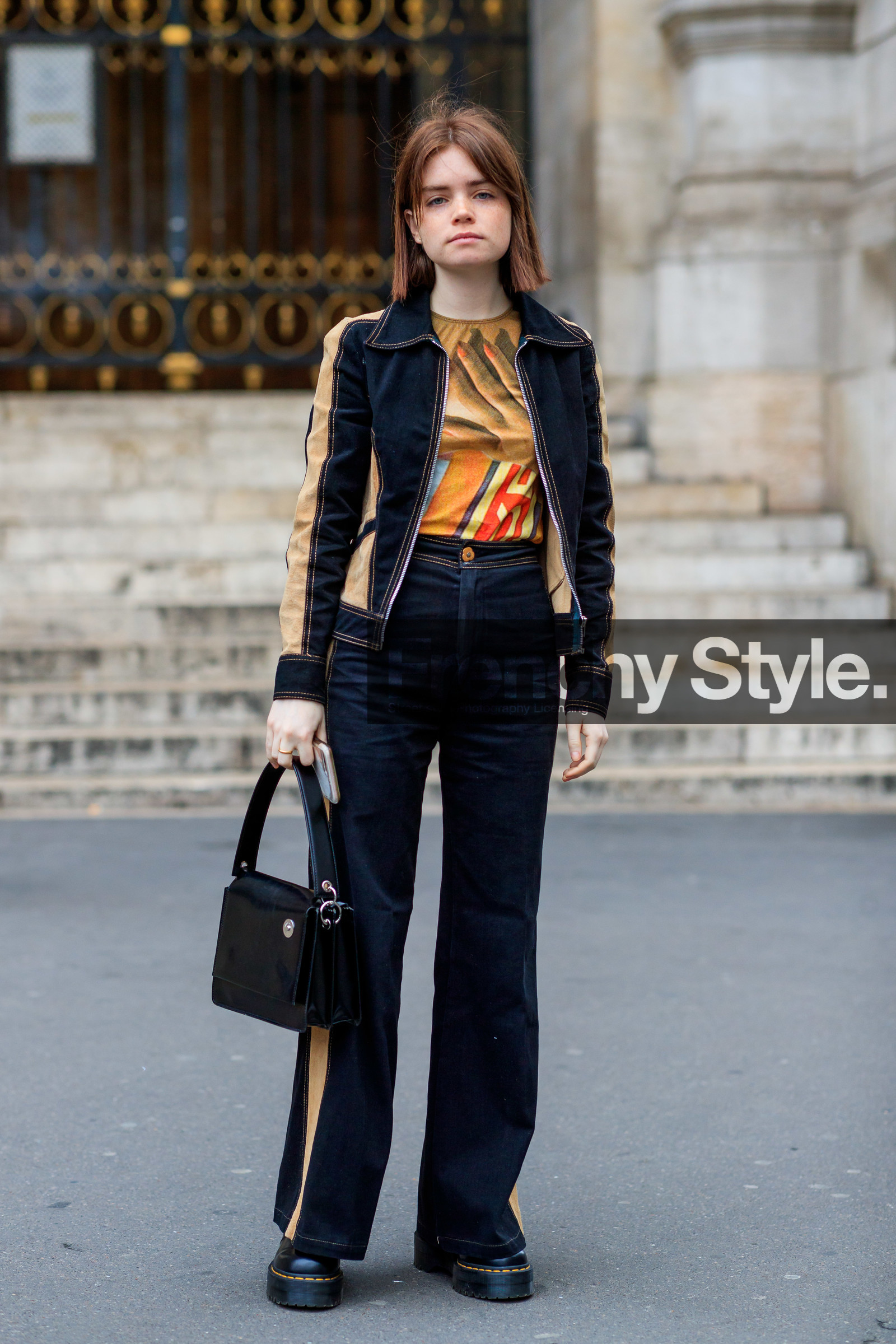 beige top, black bag, black shoes, blue denim, denim jacket, denim pants, graphic jacket, jeans, leather bag, leather shoes, molly and reese blustein, printed jacket, printed t shirt, trousers, PARIS, PFW, street style, jonathan paciullo, FW, frenchystyle, fashion week, AUTUMN WINTER 2019-2020, AW 19-20, FALL WINTER 2019-2020, FW 19-20, vertical, full length