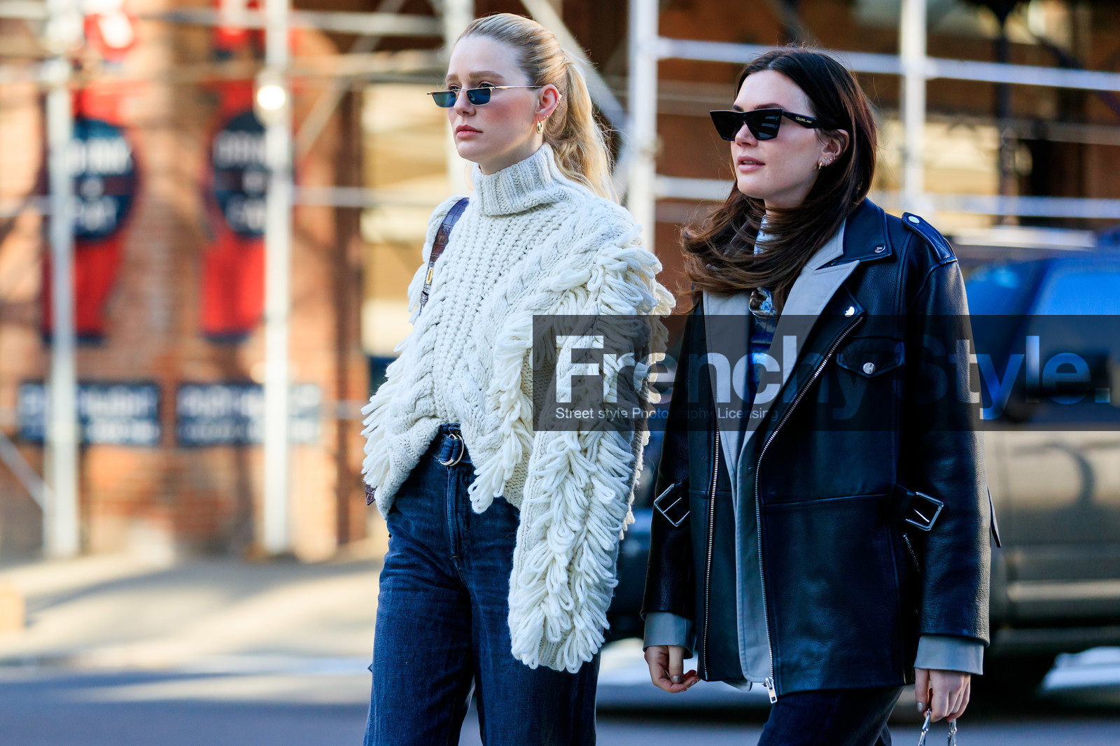 megane, megan adelaide, madelynn furlong, white pullover, oversize pullover, fringe pullover, small sunglasses, mirror sunglasses, metalic frame sunglasses, turtleneck pullover, black jeans, belted pants, celine sunglasses, futurist shape sunglasses, black leather perfecto, grey jacket, fashion week, frenchystyle, FW, jonathan paciullo, street style, AUTUMN WINTER 2020-2021, FALL WINTER 2020-2021, FW 20-21, horizontal, atmosphere details, detail, NYFW, NEW YORK