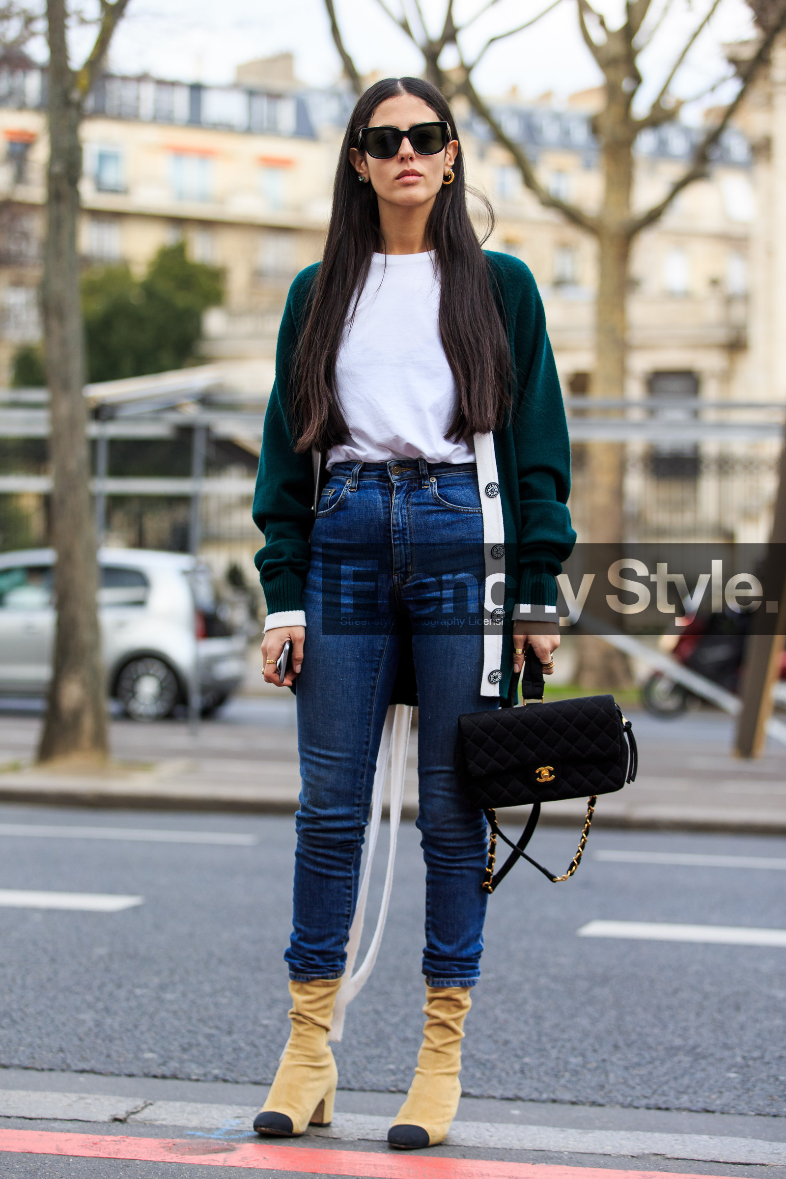 AUTUMN WINTER 2016-2017, AW 16-17, beige boots, black bag, blue denim, chanel, denim pants, FALL WINTER 2016-2017, fashion week, frenchystyle, full length, FW, FW 16-17, gilda ambrosio, green cardigan, jeans, jonathan paciullo, PARIS, PFW, street style, suede shoes, sunglasses, trousers, vertical, white t shirt