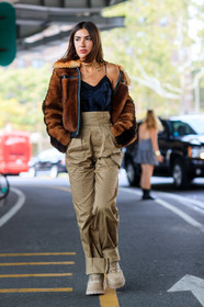 beige boots, beige pants, black tank top, brown fur, brown jacket, fashion week, frenchystyle, full length, fur jacket, FW, high waist, jonathan paciullo, leather shoes, NEW YORK, NYFW, patricia manfield, SPRING SUMMER 2018, SS 18, street style, trousers, vertical