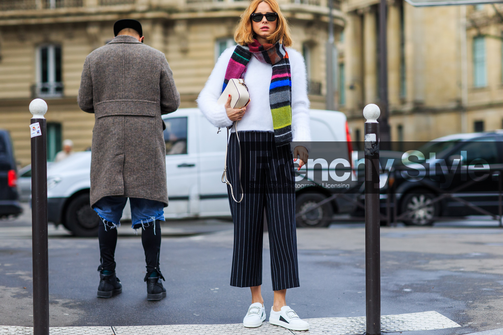 atmosphere details, AUTUMN WINTER 2016-2017, AW 16-17, black pants, candela novembre, FALL WINTER 2016-2017, fashion week, frenchystyle, full length, FW, FW 16-17, geometric, graphic pants, horizontal, jonathan paciullo, leather bag, leather sneakers, PARIS, PFW, printed scarf, street style, striped pants, striped scarf, stripes, sunglasses, trousers, white bag, white knit, white sneakers, white sweater