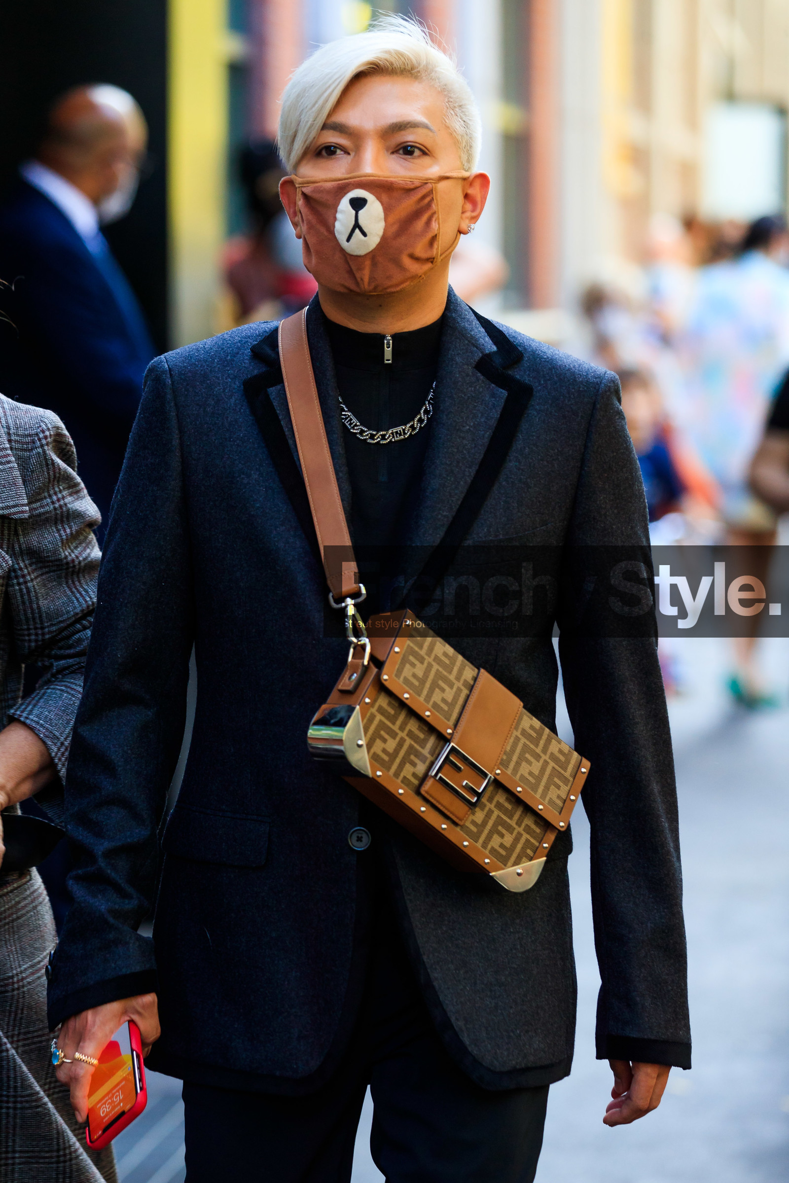 dark grey jacket, diamond necklace, chain necklace, crossbody bag, monogrammed bag, brown leather bag, fendi bag, covid face mask, bryan boy, fashion week, frenchystyle, FW, jonathan paciullo, street style, MFW, MILAN, SPRING SUMMER 2021, SS 21, vertical, detail