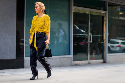 atmosphere details, black bag, black boots, black pants, earrings, fashion week, frenchystyle, full length, FW, high heels, horizontal, jonathan paciullo, leather bag, leather shoes, Margaret Zhang, NEW YORK, NYFW, SPRING SUMMER 2018, SS 18, street style, sunglasses, trousers, velvet, yellow sweater