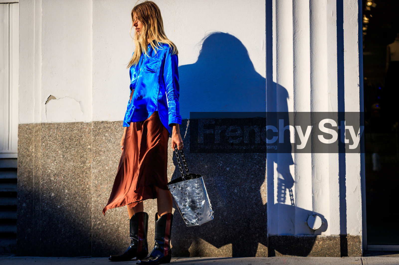 atmosphere details, black boots, black shoes, blue shirt, brown skirt, calvin klein, fashion week, frenchystyle, full length, FW, horizontal, jonathan paciullo, leather bag, leather shoes, NEW YORK, NYFW, shiny bag, silk shirt, silver bag, SPRING SUMMER 2018, SS 18, street style, tucked in, veronika heilbrunner