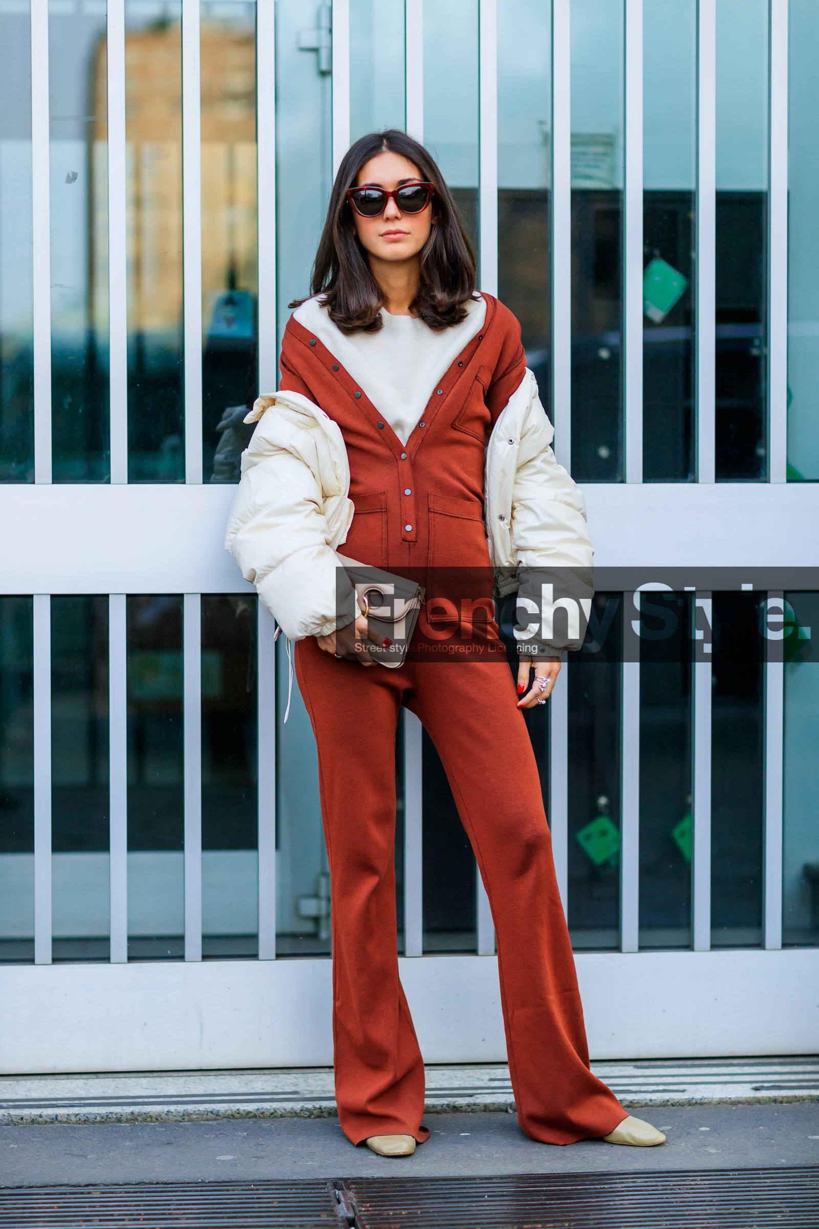 AUTUMN WINTER 2017-2018, AW 17-18, beige bag, beige shoes, brown jumpsuit, diletta bonaiuti, down jacket, FALL WINTER 2017-2018, fashion week, frenchystyle, full length, FW, FW 17-18, jonathan paciullo, jw anderson, leather bag, leather shoes, MFW, MILAN, off the shoulder, street style, sunglasses, trousers, vertical, white jacket, white knit