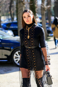 black dress, black shoes, christian dior, graphic dress, high boots, leather bag, leather shoes, model, necklace, olivia culkpa, olivia culpo, printed dress, tone on tone, total look black, tulle, PARIS, PFW, street style, jonathan paciullo, FW, frenchystyle, fashion week, AUTUMN WINTER 2019-2020, AW 19-20, FALL WINTER 2019-2020, FW 19-20, vertical, atmosphere details, detail