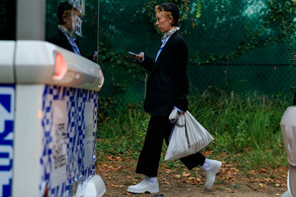 black suits, black jacket, black pants, cropped pants, studs chocker, choker necklace, white choker, white boots, white leather boots, flat boots, big sole boots, fashion week, frenchystyle, FW, jonathan paciullo, street style, SPRING SUMMER 2020, SS 20, PFW, PARIS, horizontal, atmosphere details, full length