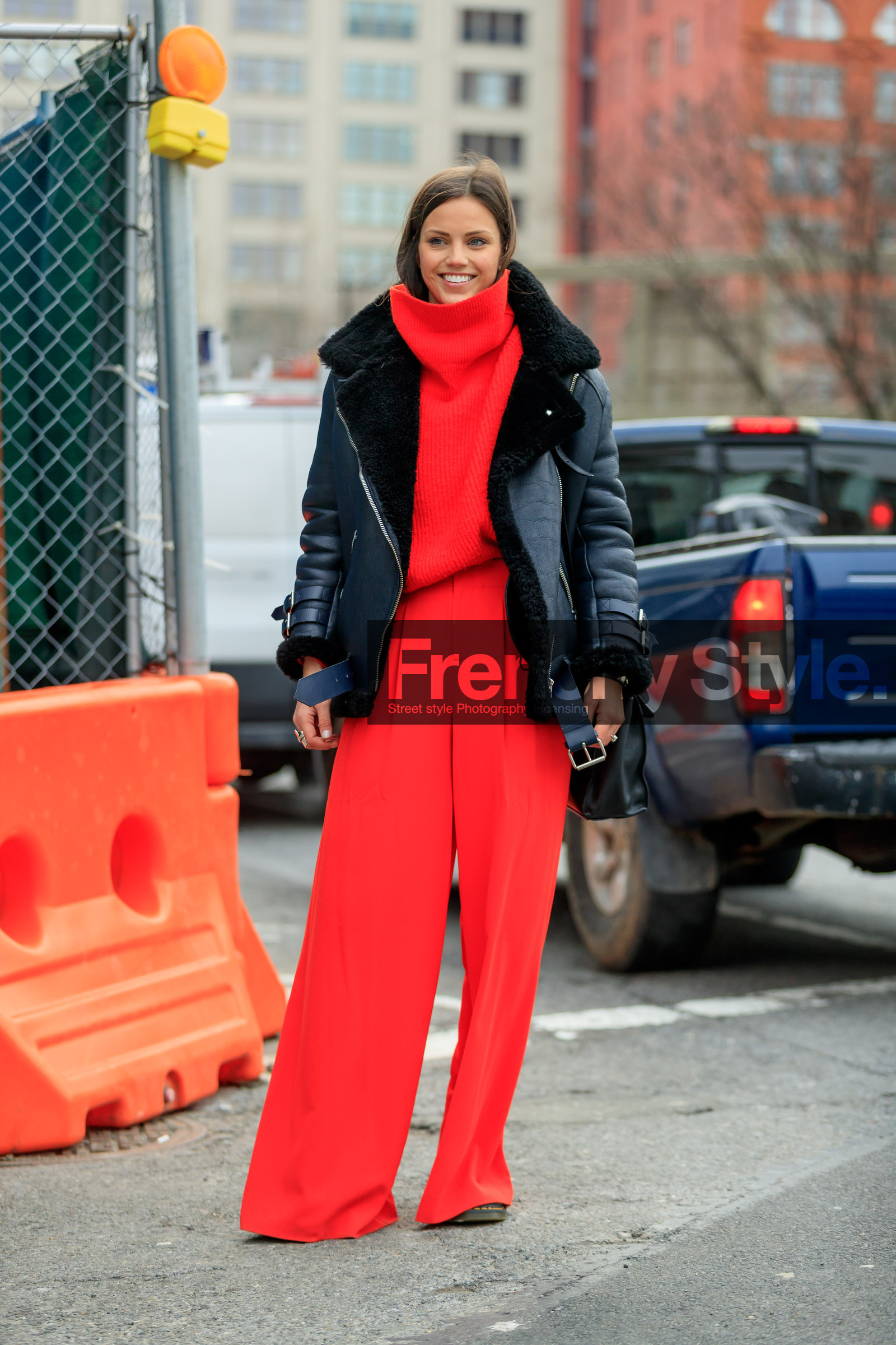 black jacket, leather jacket, red pants, red sweater, shearling, trousers, tucked in, turtleneck sweater, street style, jonathan paciullo, FW, frenchystyle, fashion week, NYFW, NEW YORK, AUTUMN WINTER 2018-2019, AW 18-19, FALL WINTER 2018-2019, FW 18-19, vertical, full length