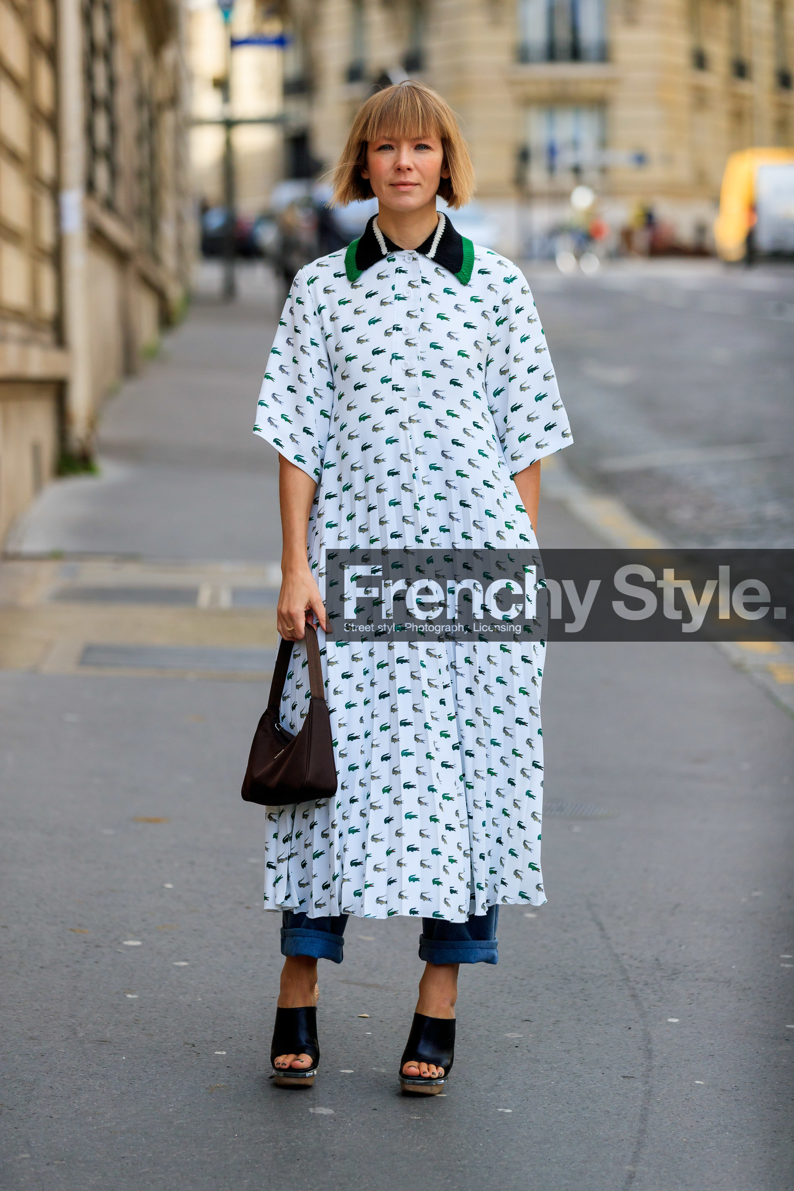 vika gazinskaya, white dress, short sleeves dress, pleated dress, green dress, animal print dress, polo collar dress, loose dress, long dress, lacoste dress, brown bag, hand bag, prada bag, black leather slippers, platform sandals, fashion week, frenchystyle, FW, jonathan paciullo, street style, PFW, PARIS, vertical, full length