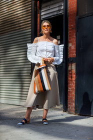 beige skirt, black and white shoes, brown bag, cold shoulder, fashion week, frenchystyle, full length, FW, graphic bag, jonathan paciullo, leather bag, leather shoes, NEW YORK, NYFW, printed bag, ruffles, sofie valkiers, SPRING SUMMER 2018, SS 18, street style, striped bag, sunglasses, vertical, white shirt