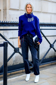 black bag, black denim, blue sweater, denim pants, embroidered sweater, glitter, high heels, jeans, leather bag, leather shoes, prada, sarah harris, sequined sweater, trousers, white boots, fashion week, frenchystyle, FW, jonathan paciullo, street style, LFW, LONDON, SPRING SUMMER 2019, SS 19, vertical, full length