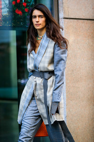 chiara totire, checked coat, checked jacket, checked shirt, checked pants, light beige coat, grey jacket, grey pants, grey belt, belted coat, sleeveless coat, orange leather bag, bottega veneta bag, plaited bag, plaited leather bag, fashion week, frenchystyle, FW, jonathan paciullo, street style, MFW, MILAN, AUTUMN WINTER 2020-2021, FALL WINTER 2020-2021, FW 20-21, vertical, atmosphere details, detail