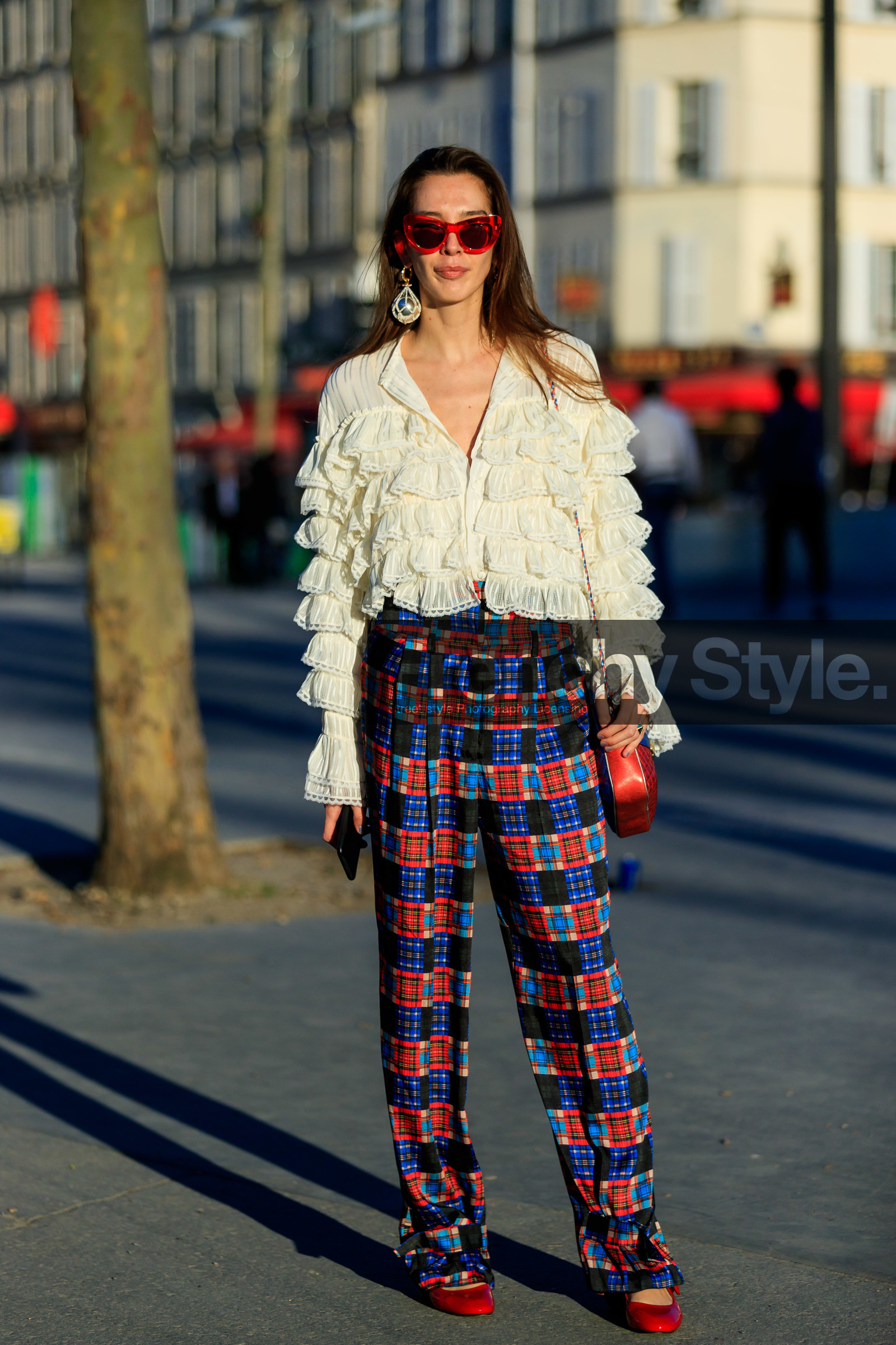 blue pants, checked, earrings, estelle pigault, graphic pants, leather bag, leather shoes, plaid, printed pants, red bag, red pants, red shoes, ruffles, sunglasses, trousers, white blouse, PARIS, PFW, street style, jonathan paciullo, FW, frenchystyle, fashion week, AUTUMN WINTER 2019-2020, AW 19-20, FALL WINTER 2019-2020, FW 19-20, vertical, full length
