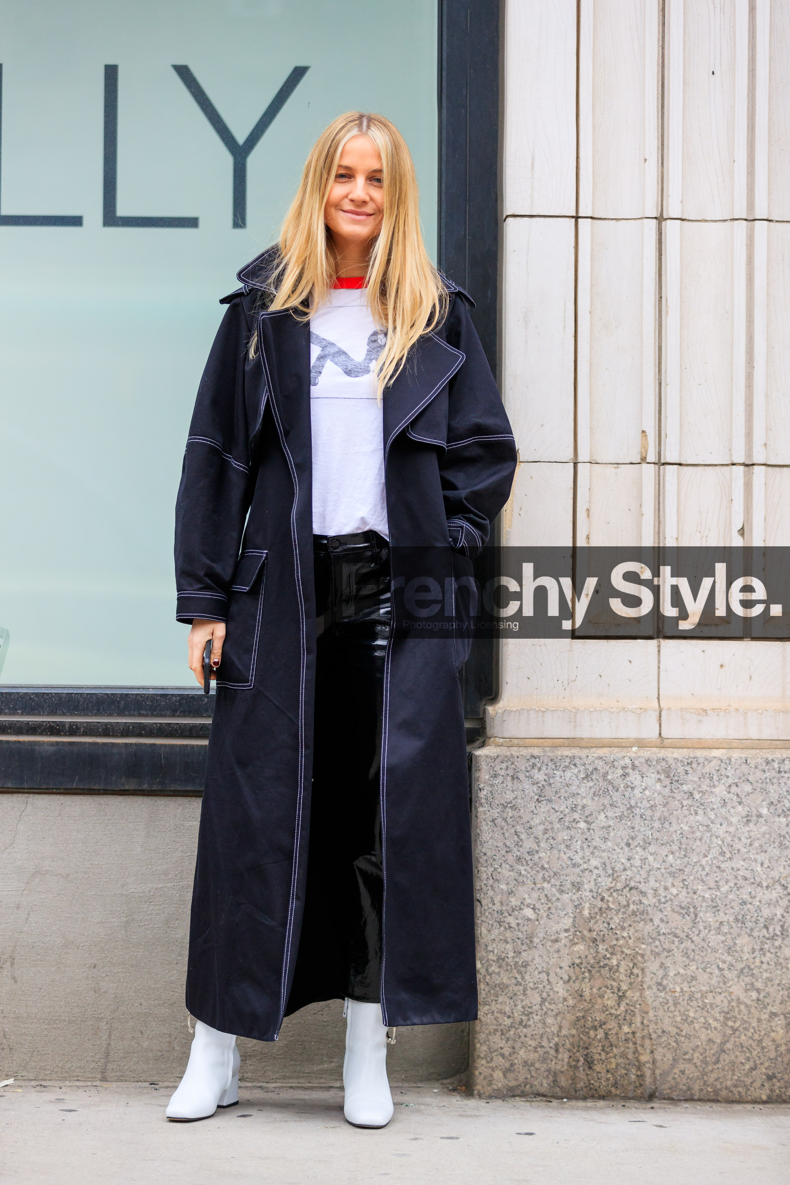black coat, black pants, high heels, leather pants, leather shoes, trousers, vinyl, white boots, white t shirt, street style, jonathan paciullo, FW, frenchystyle, fashion week, NYFW, NEW YORK, AUTUMN WINTER 2018-2019, AW 18-19, FALL WINTER 2018-2019, FW 18-19, vertical, full length, holly estelle russell, Holly Russell