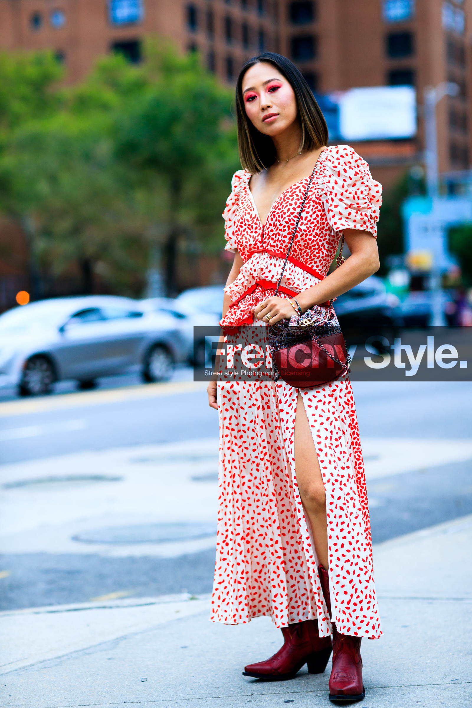aimee song, bordeaux, burgundy, chanel handbag, cowboy boots, eyeshadow, graphic dress, leather bag, leather shoes, printed dress, red bag, red boots, red dress, ruffles, fashion week, frenchystyle, FW, jonathan paciullo, street style, NYFW, NEW YORK, SPRING SUMMER 2019, SS 19, vertical, full length