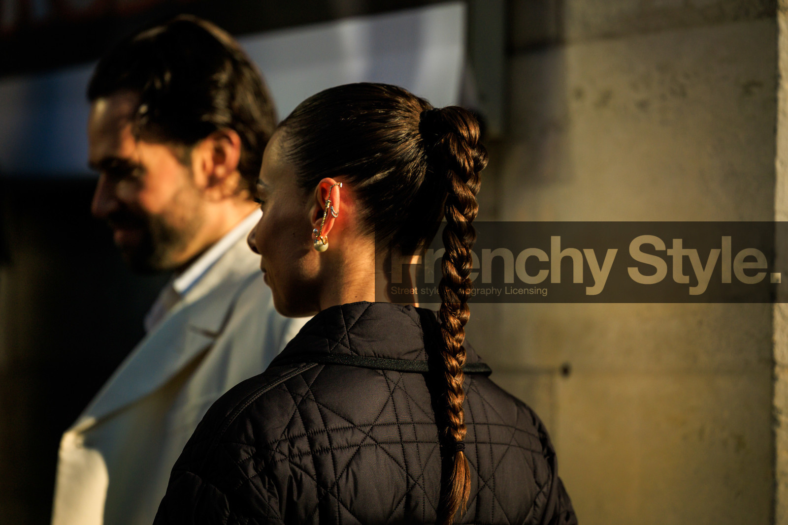 dior, dior earrings, pearls, braided hair, braided pony tails, black jacket, hair, close up, fashion week, frenchystyle, FW, jonathan paciullo, street style, PARIS, PFW, SPRING SUMMER 2022, SS 22, atmosphere details, detail, horizontal, alice barbier, JS roques