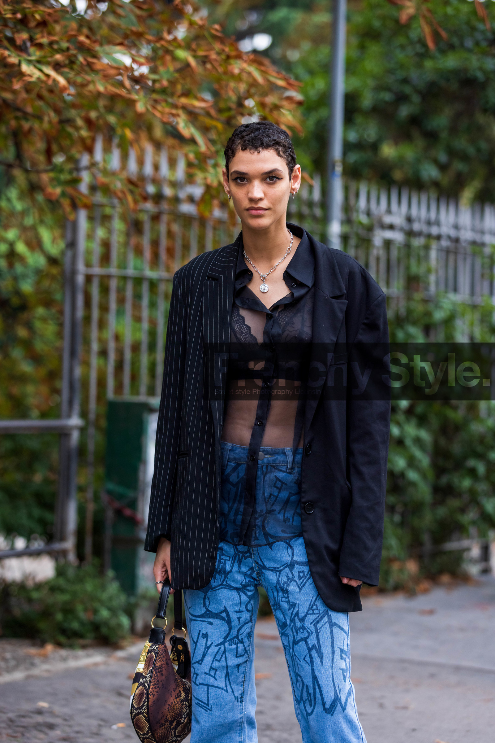 animal print, bag, black blazer, black bra, black shirt, blazer, bra, brown bag, chiffon shirt, colored bag, denim, leather bag, print, printed denim, printed jean, python bag, shirt, short hair, silver necklace, striped blazer, stripes, transparent, white stripes, fashion week, frenchystyle, FW, jonathan paciullo, street style, SPRING SUMMER 2022, SS 22, MFW, MILAN, vertical, atmosphere details