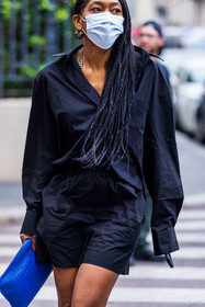 black shirt, blue bag, color, dress shirt, earrings, facial mask, leather bag, loewe bag, pouch, shirt, fashion week, frenchystyle, FW, jonathan paciullo, street style, SPRING SUMMER 2022, SS 22, MFW, MILAN, vertical, atmosphere details