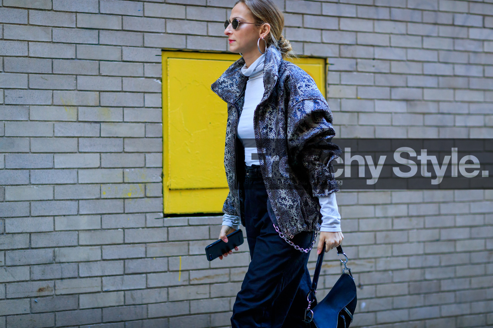 black bag, black pants, christian dior, earrings, graphic jacket, grey jacket, leather bag, printed jacket, snake print, sunglasses, trousers, white sweater, street style, jonathan paciullo, FW, frenchystyle, fashion week, NYFW, NEW YORK, AUTUMN WINTER 2018-2019, AW 18-19, FALL WINTER 2018-2019, FW 18-19, atmosphere details, horizontal, detail, annie georgia greenberg