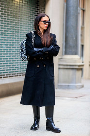 evangelie smyrniotaki, black coat, black sunglasses, black leather bag, black leather gloves, black leather boots, futurist shape sunglasses, white leather bag, bicolor bag, animal printed bag, silvered chain strap bag, shoulder bag, high boots, flat boots, fashion week, frenchystyle, FW, jonathan paciullo, street style, FALL WINTER 2020-2021, AUTUMN WINTER 2020-2021, FW 20-21, vertical, full length, NYFW, NEW YORK