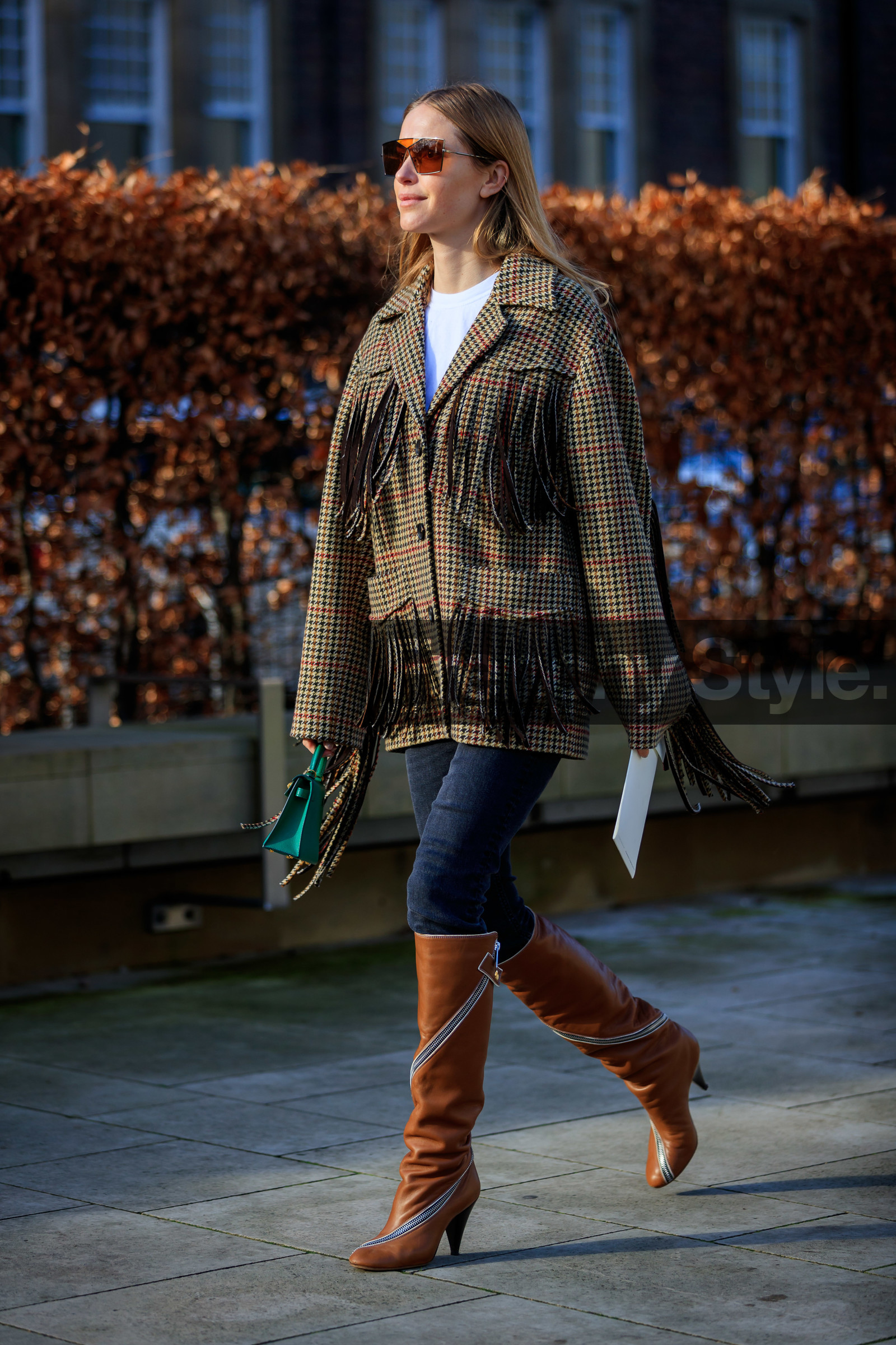 blue denim, brown boots, brown jacket, camel boots, checked, denim pants, fringes, graphic jacket, high boots, high heels, houndstooth pattern, jeans, leather bag, leather shoes, pernille teisbaek, plaid, printed jacket, sunglasses, trousers, zip, LONDON, LFW, fashion week, frenchystyle, FW, jonathan paciullo, street style, AUTUMN WINTER 2019-2020, AW 19-20, FW 19-20, FALL WINTER 2019-2020, vertical, full length