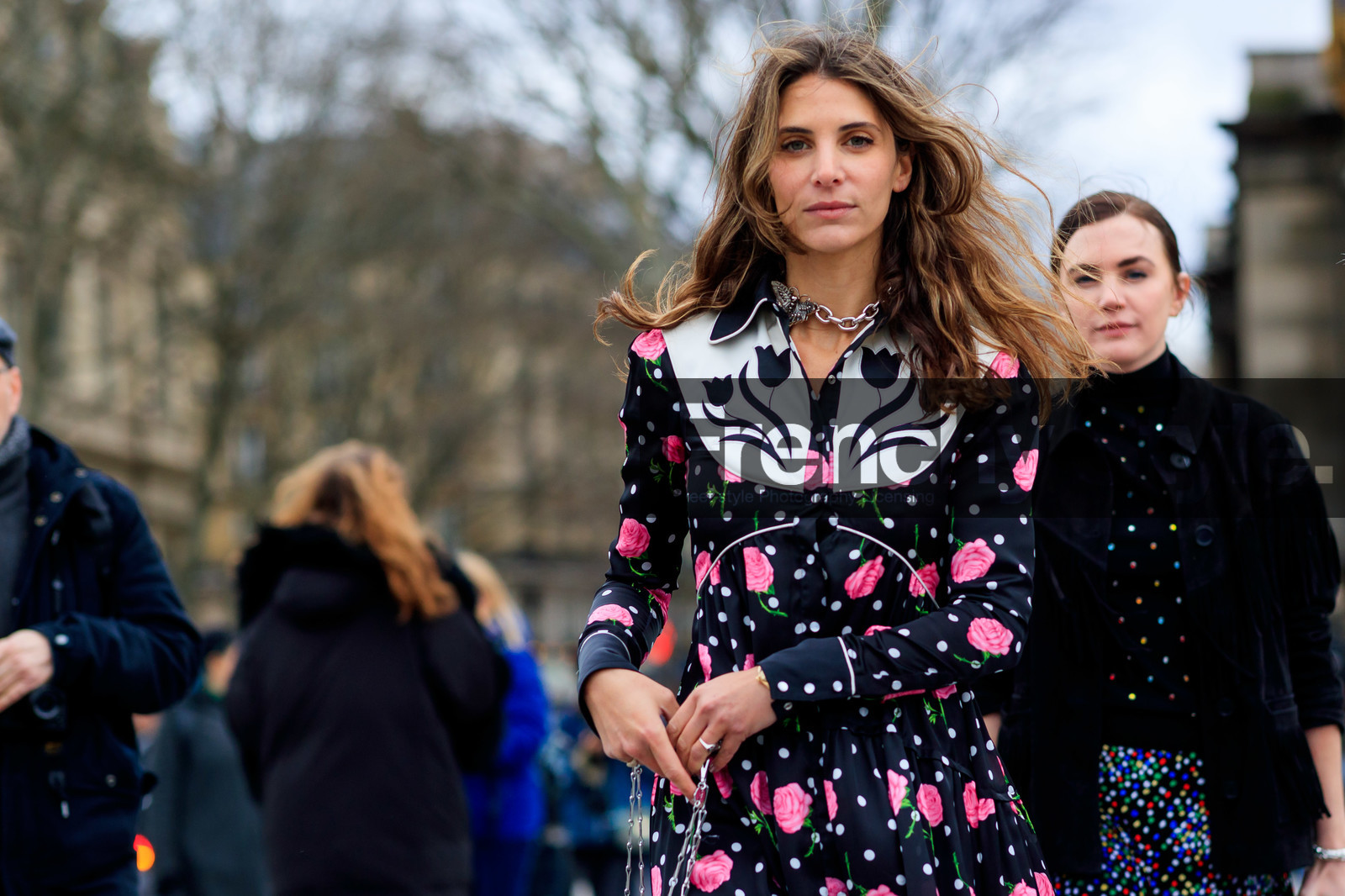 jen wonders, long sleeves dress, black dress, white dress, pink dress, polka dots dress, floral printed dress, silvered necklace, animal shape necklace, big chain necklace, button dress, paco rabanne dress, paco rabanne necklace, fashion week, frenchystyle, FW, jonathan paciullo, street style, PFW, PARIS, AUTUMN WINTER 2020-2021, FALL WINTER 2020-2021, FW 20-21, horizontal, detail, atmosphere details