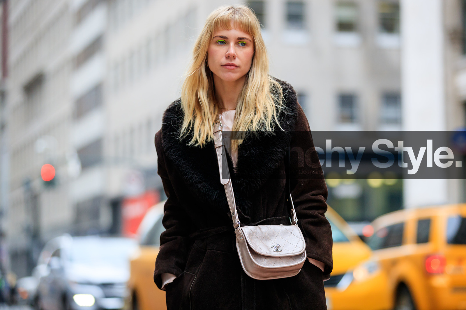 brown coat, chanel handbag, fur collar, leather bag, shearling, white bag, street style, jonathan paciullo, FW, frenchystyle, fashion week, NYFW, NEW YORK, AUTUMN WINTER 2018-2019, AW 18-19, FALL WINTER 2018-2019, FW 18-19, atmosphere details, horizontal, detail, courtney trop